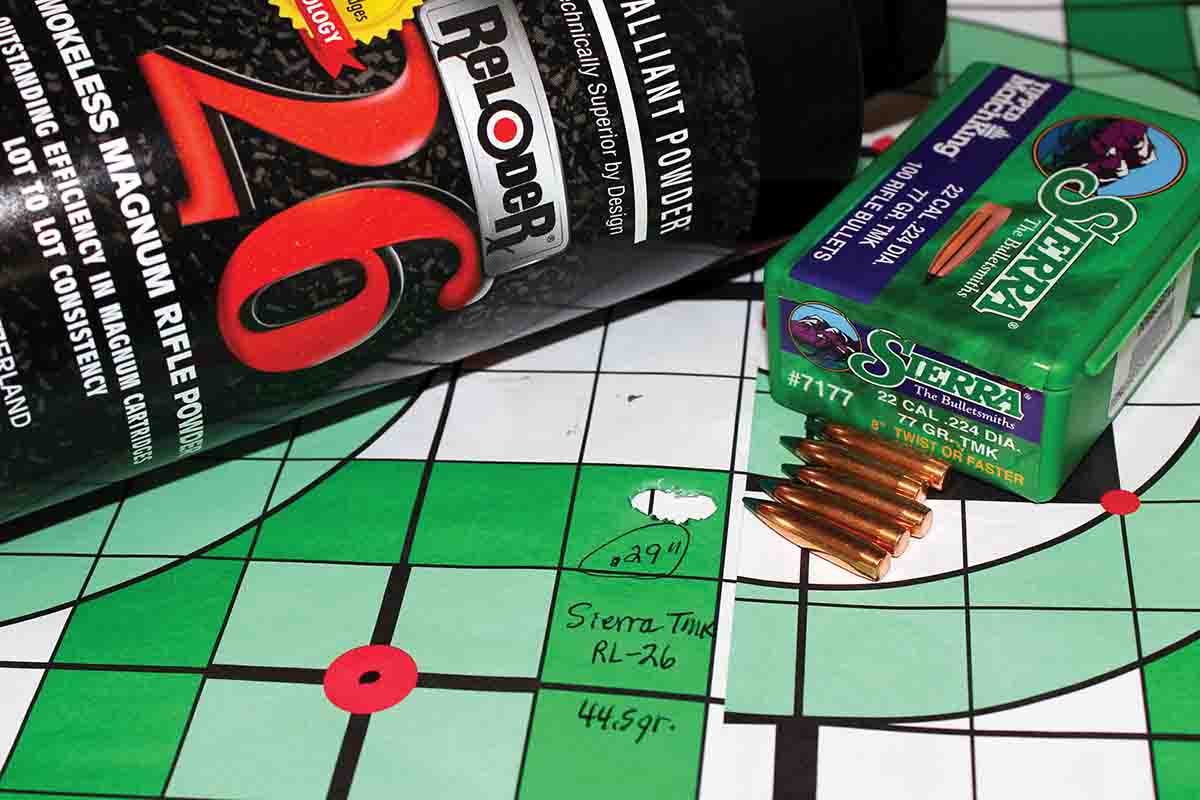 One of the better groups resulting from load testing of the .22 Creedmoor included 44.5 grains of Alliant Reloder 26 and Sierra 77-grain Tipped MatchKings. This combination produced this .29-inch group.